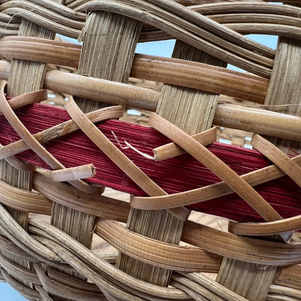 Handmade Round Woven Basket Wood Base Red Accent Band Bentwood Handles 11in